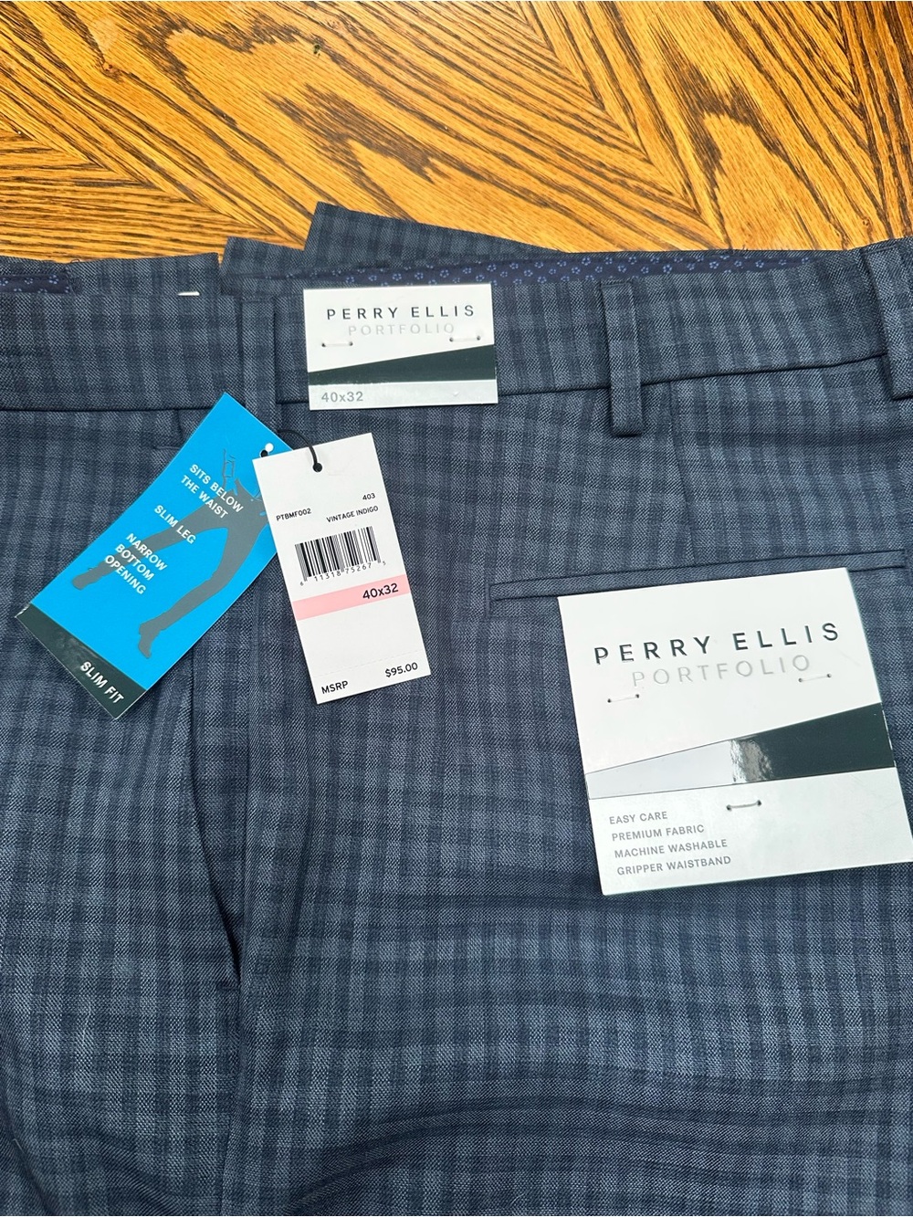 Perry Ellis Slim Fit Gray-Blue Check Dress Pants New with tags